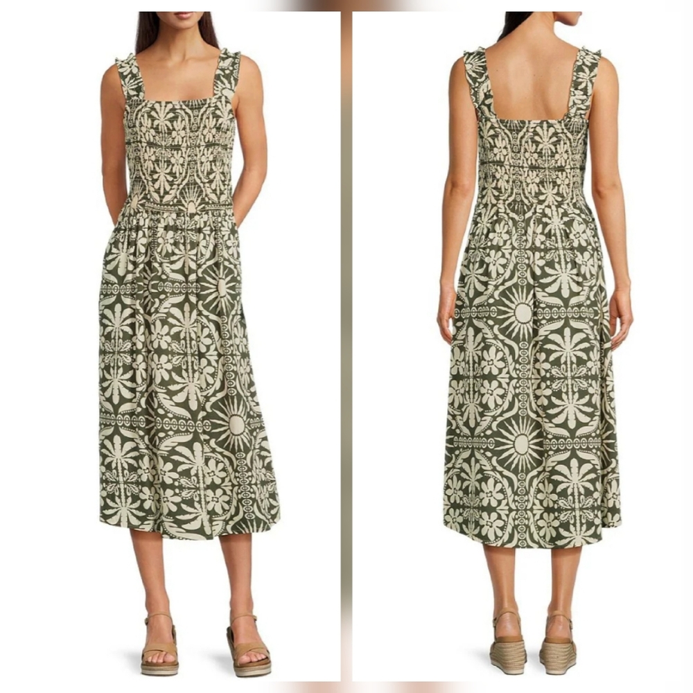 Charlie B Tropical Floral Print Square Neck Shirred Sleeveless Midi A-Line Dress